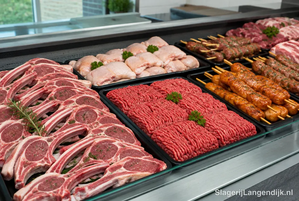 Vitrine met lamskoteletten, gehakt, kip en spiesen